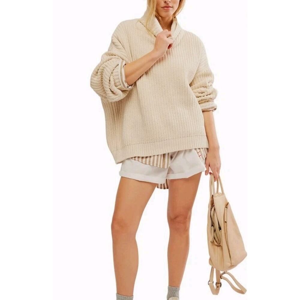Free People Swim Too Deep Sweater Sz Medium Cream Oversized Chunky Knit Pullover
